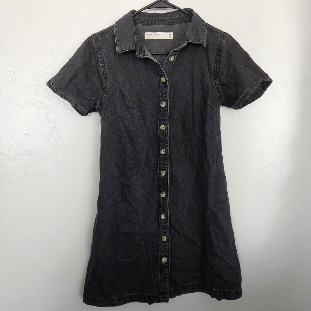 Asos Women's 6 Black Denim Button-Up Dress Short Sleeve Knee Length Midi Jean